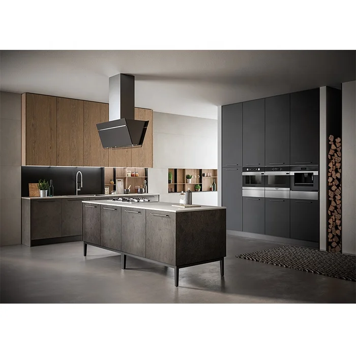 2021 Hangzhou VERMONT Bespoke  Industry Concrete Wood Veneer Kitchen Pantry with LED Light