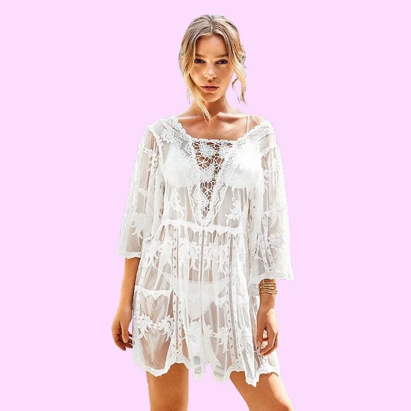 

White sexy Crochet Panel Long sleeve braided flower cover up swimsuit, Picture