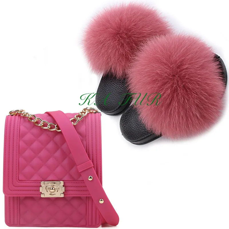 

Wholesale women multicolor luxury rainbow real fox fur slides sets jelly purse handbag