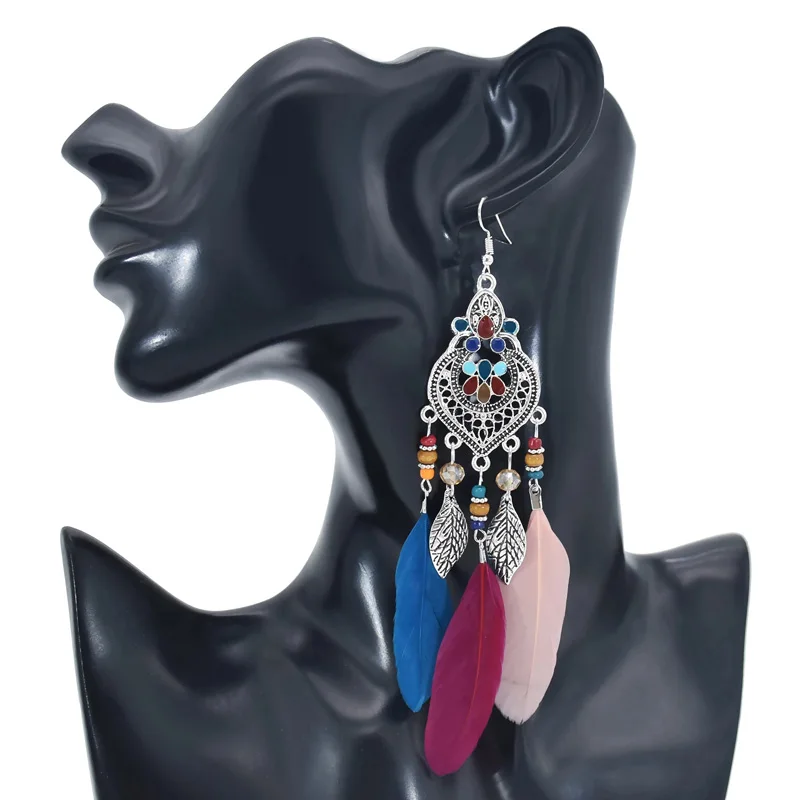 

Vintage Fashion Indian Feather Earring Silver Plated Alloy Leaf Pendant Magnetic Drop Dangle Earrings, White,black,red,blue,green,colorful