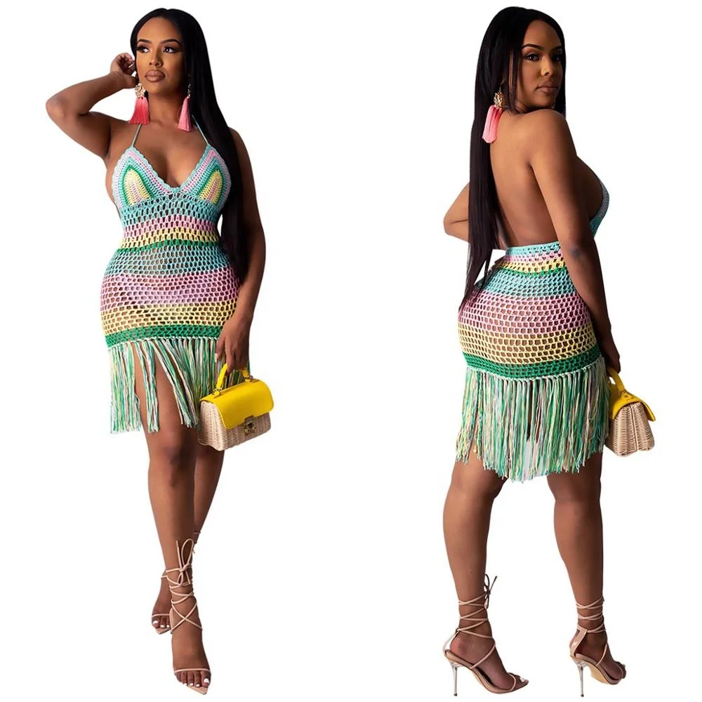 

B62657A Summer 2020 hot style beach dress sexy hand-crocheted hollowed-out tassel blouse skirt