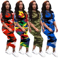 

New Arrivals Fashion Women Casual O-Neck Side Striped Short Sleeve Colorful Camouflage Printed T-shirt Dress