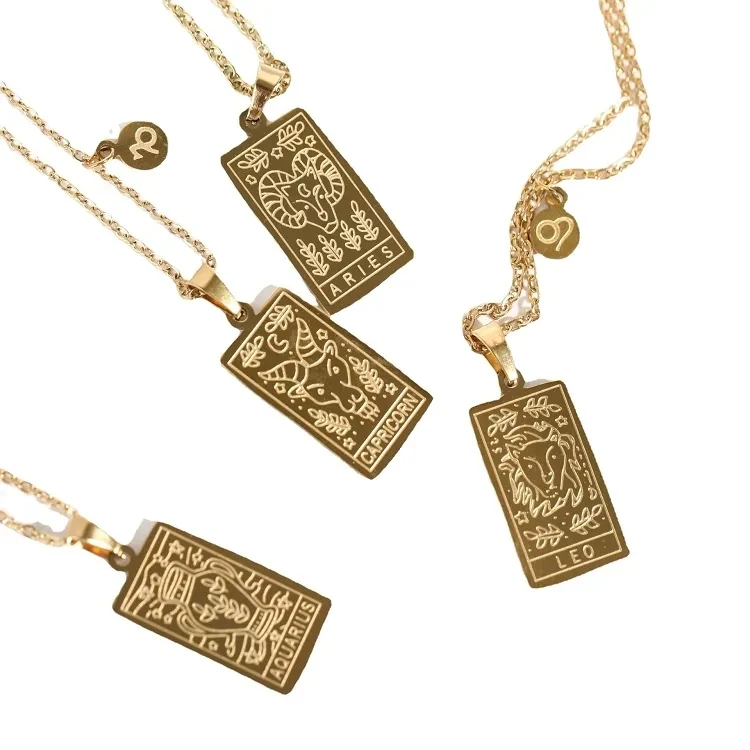 

2023 New Arrival Hiphop 18k Gold Plated Jewelry Stainless Steel Nameplate Geometry 12 Zodiac Sign Pendant Necklace Women