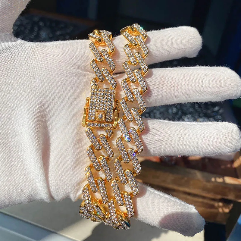 

Geometric diamond full diamond Cuban chain strip CUBAN CHAIN men's 13mm Necklace Gold Plated full diamond alloy hip hop Necklace