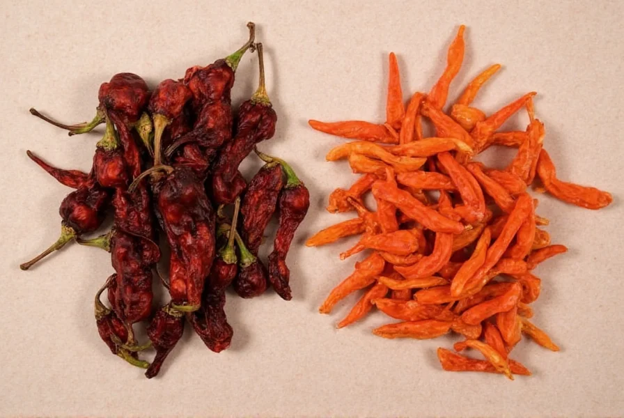 Dried Trinidad Moruga Scorpion peppers and dried Ghost peppers arranged for comparison