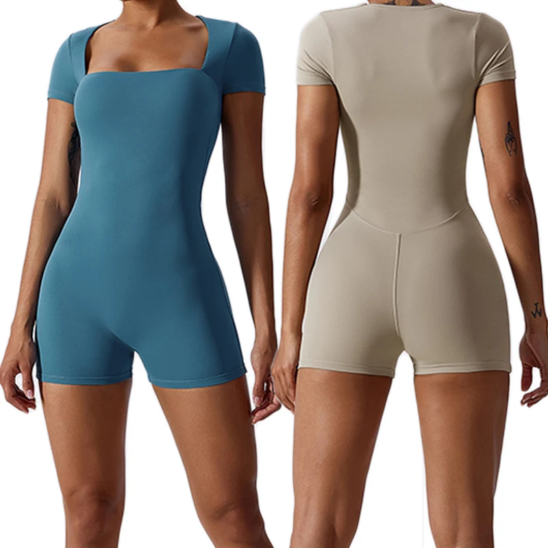

Sexy In Bra Short Sleeve Shorts Gym Fitness One Piece Square Neck Built Yoga Dance Jumpsuit Workout Women Training Sports Wear