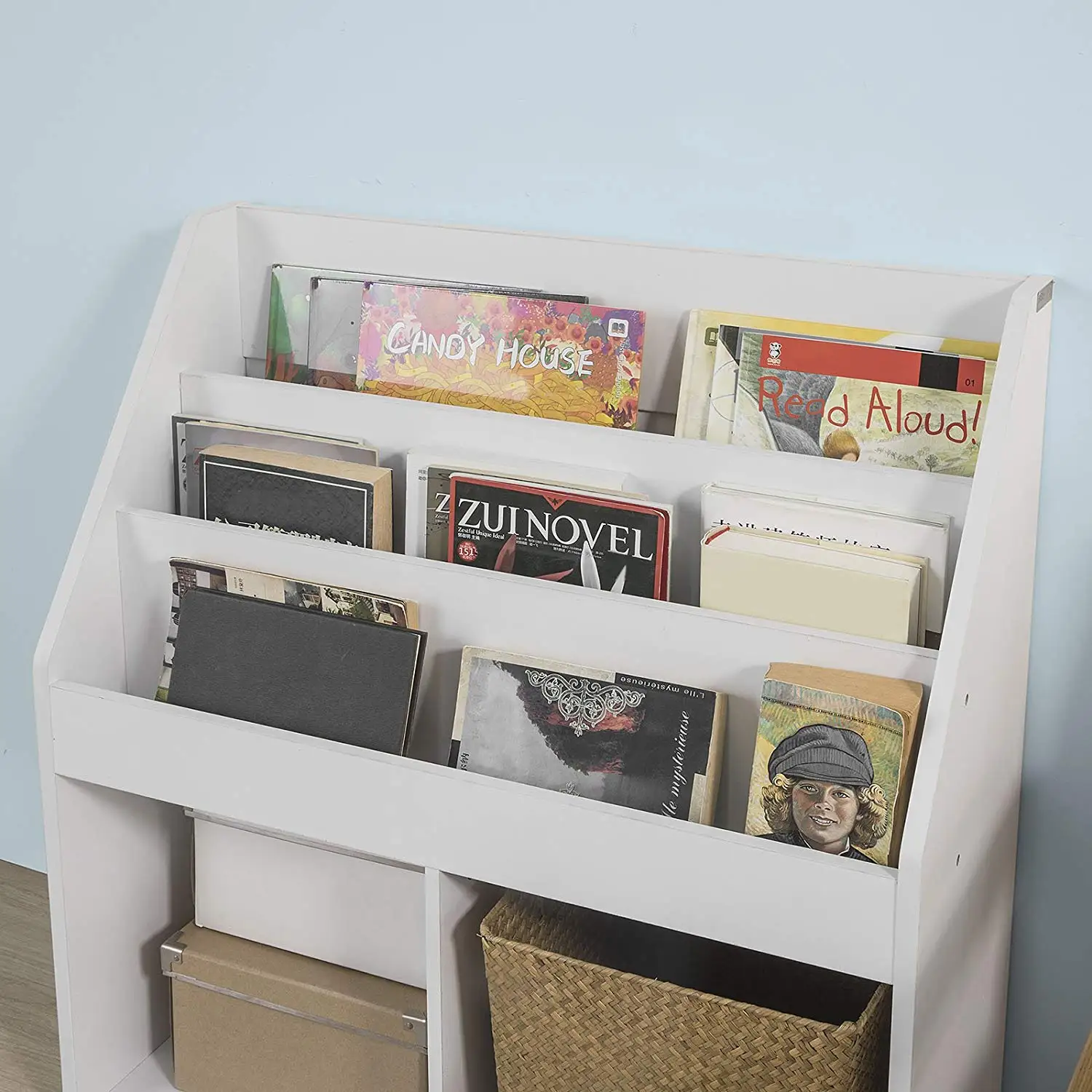 white bookshelf with toy storage