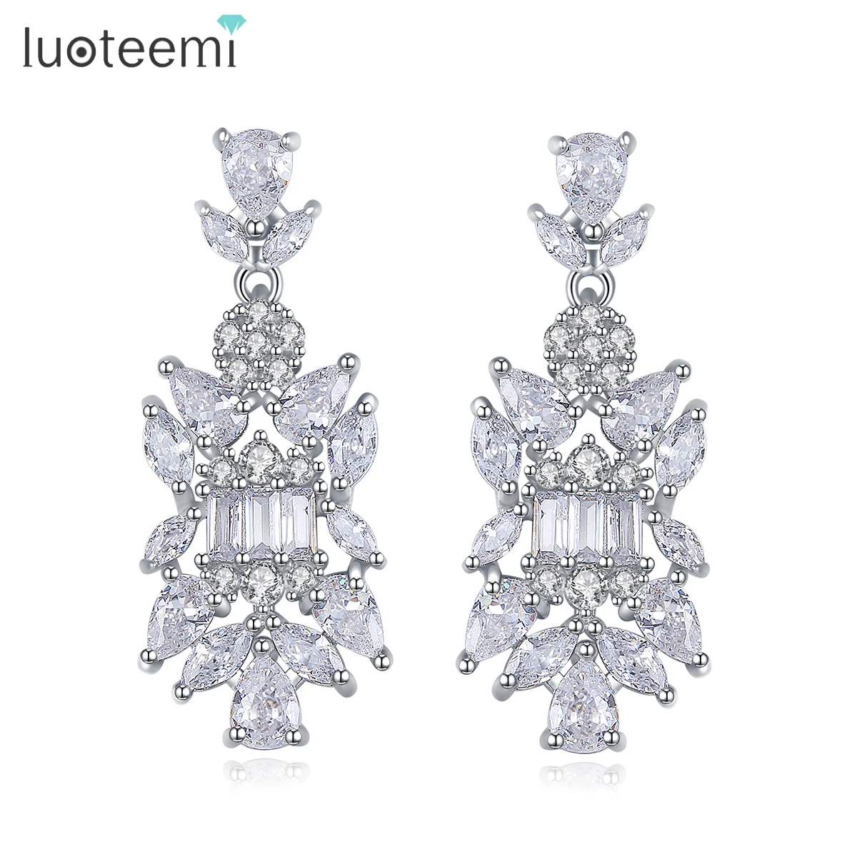 

LUOTEEMI Flower Cubic Zirconia Fashion Jewelry Dangling Earing Woman Big Zircon Elegant Bridal Earrings