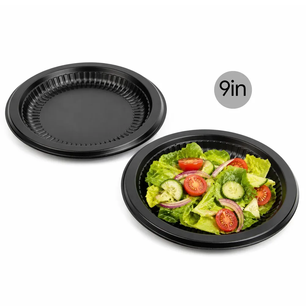 9-inch black PP plate with fresh garden salad — perfect for meal prep and single-serve entrees