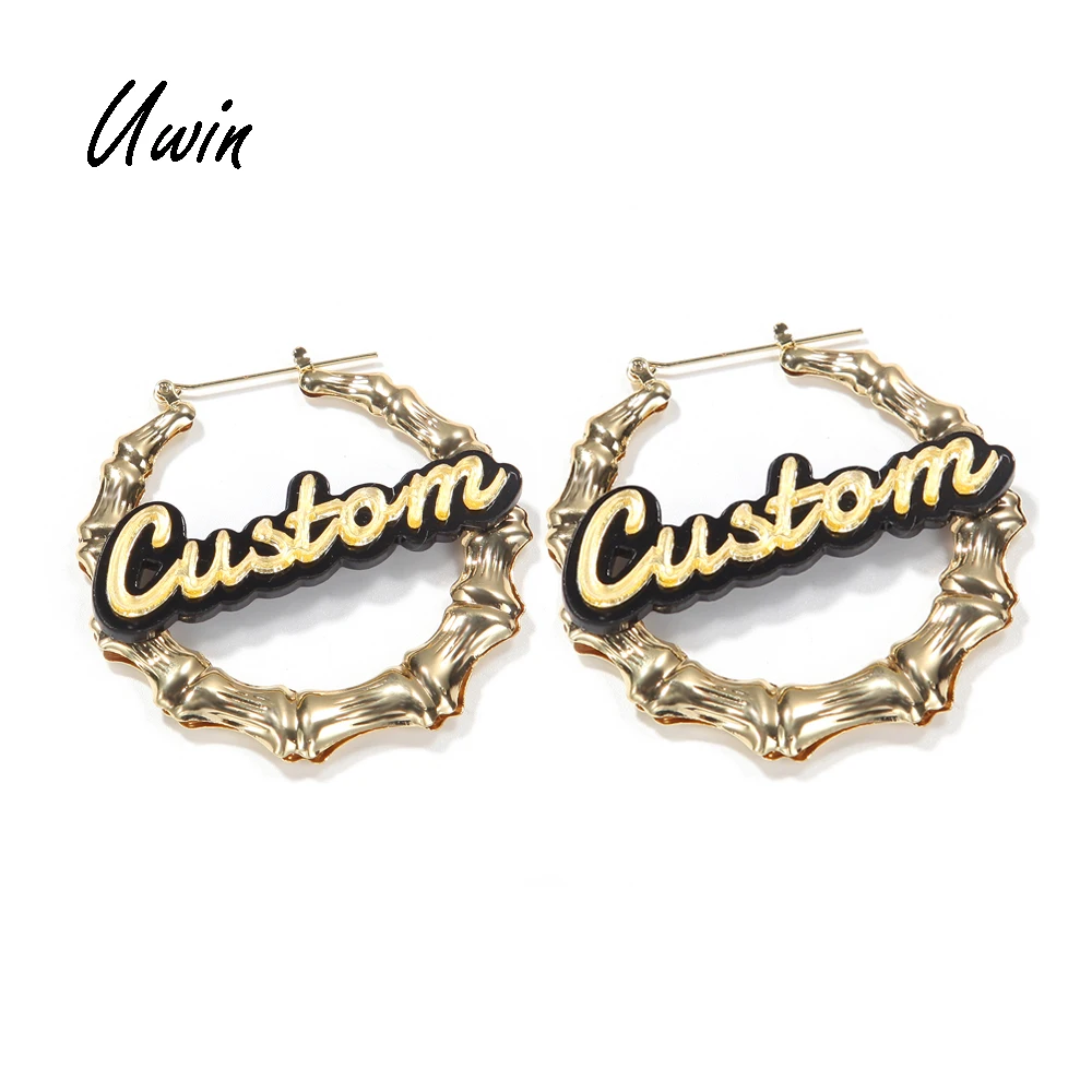 

2021 Custom Bamboo Earrings Personalized Name Big Hoop Earring Women Rapper Square Bamboo Earrings Hoops