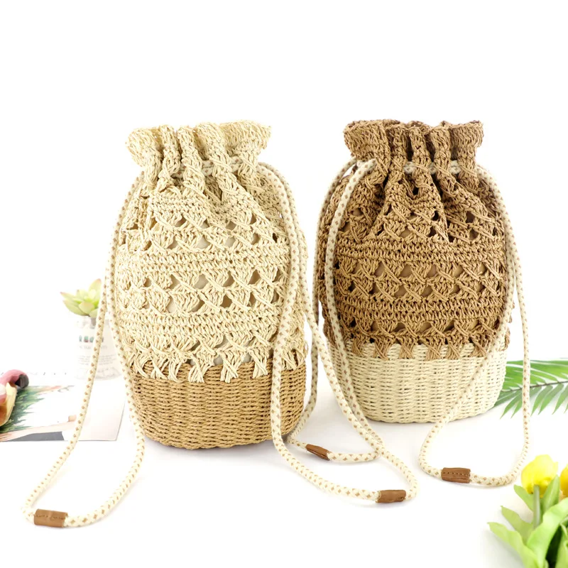 

Factory price handmade straw drawstring shoulder hand bags, Beige