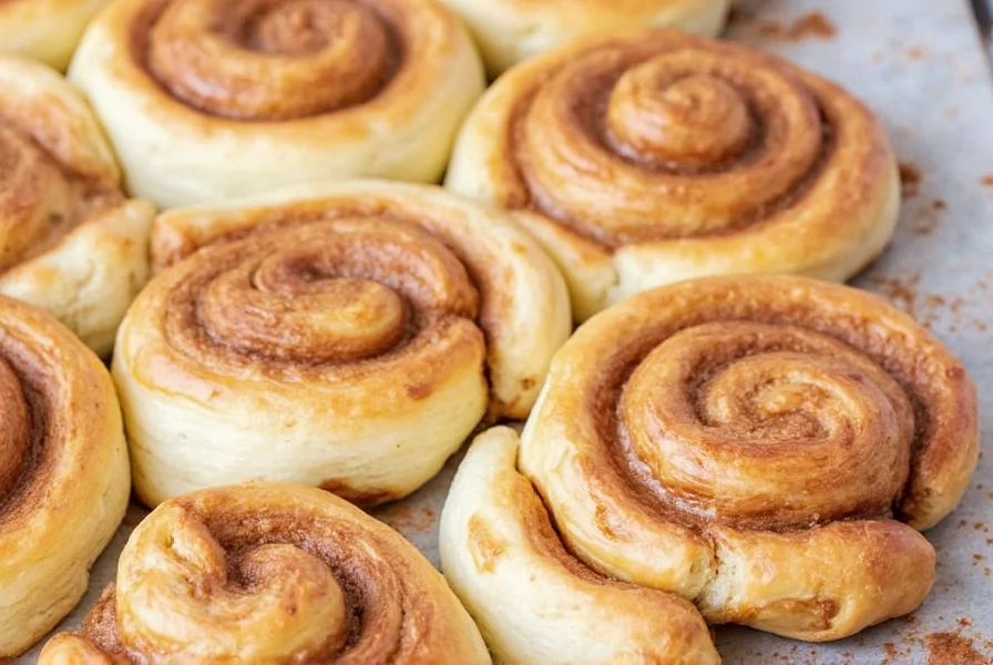 Finished puff pastry cinnamon buns arranged on rustic wooden board with icing drizzled generously and cinnamon sticks as garnish