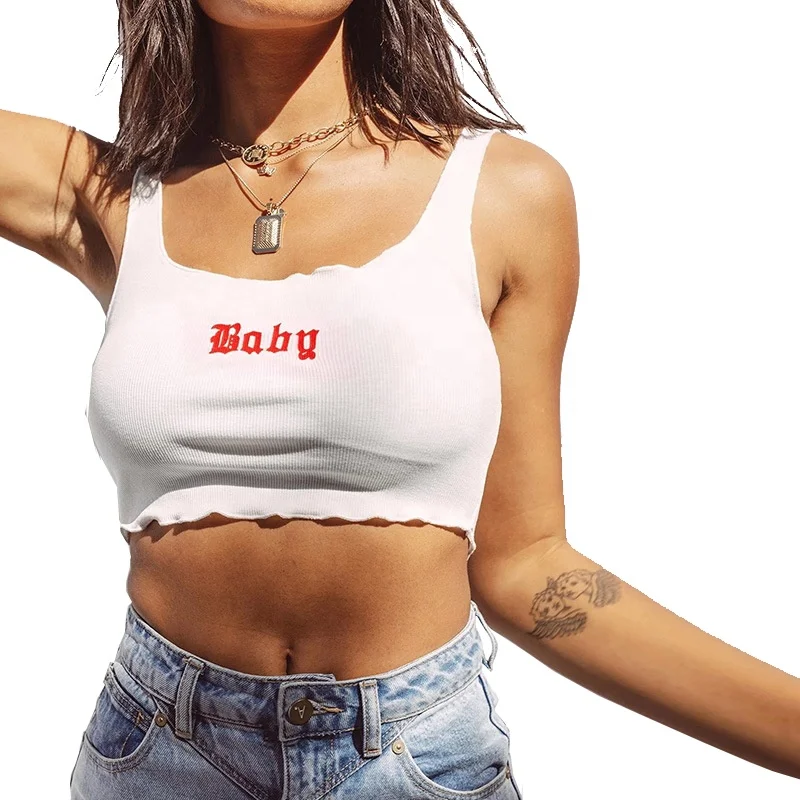 

2020 Custom Logo Summer Frill Sleeveless Short Rib White Crop Tops for Women