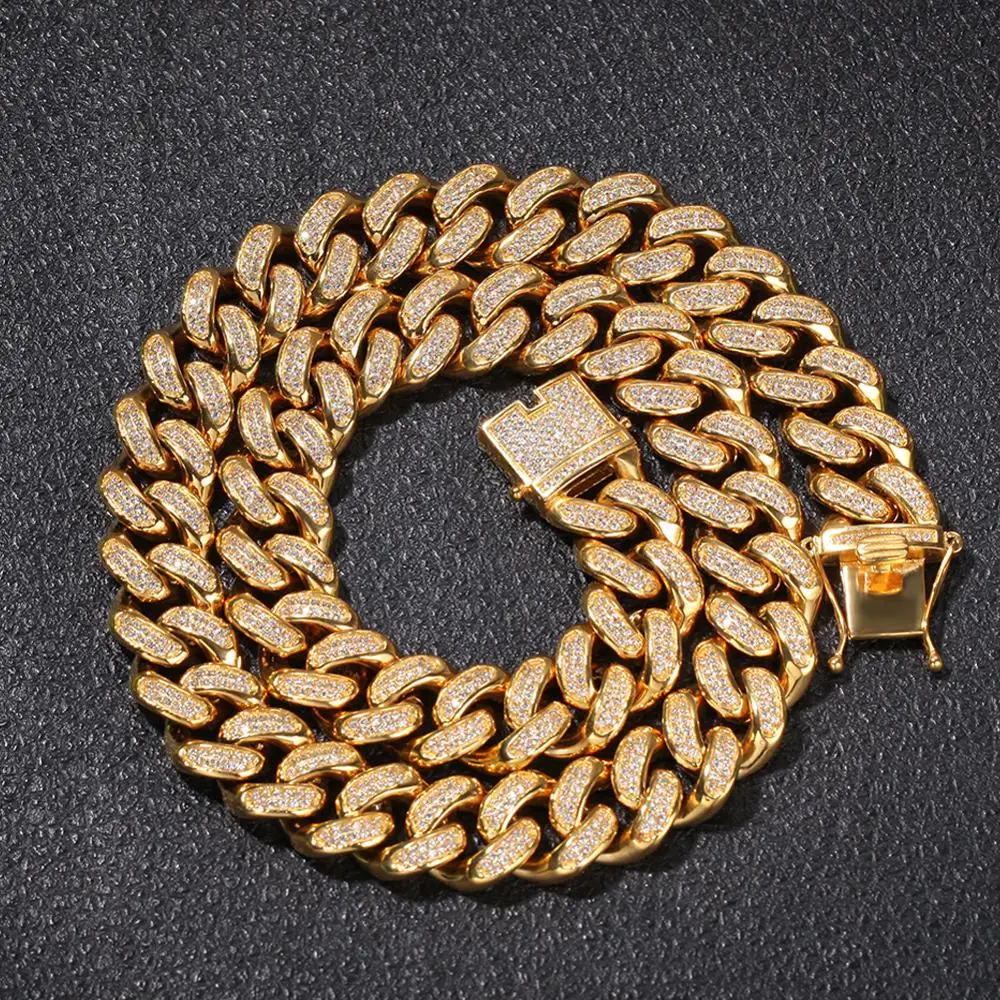 316L Stainless Steel 20MM Full Iced Out Miami Cuban Link Chain With 18K Gold Plated For Men