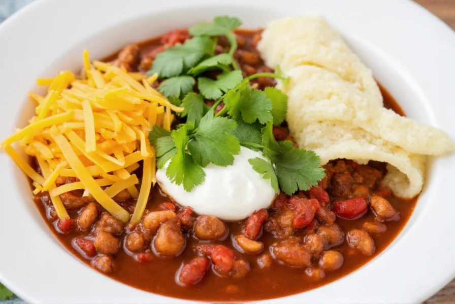 Finished simple turkey chili in a white bowl with toppings of sour cream, shredded cheese, and fresh cilantro