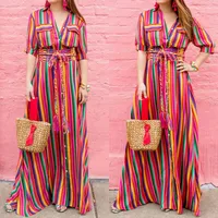 

women dresses summer 2019 New Casual V-Neck Loose High Waist shirt colorful maxi dress stripe maxi dress