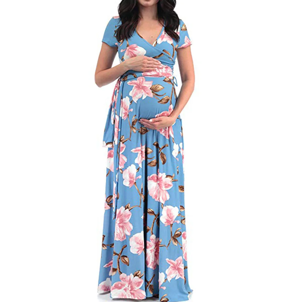 

RTS pregnant women clothes print belts v neck maternity dress with short sleeve, Blue,black,pink,white
