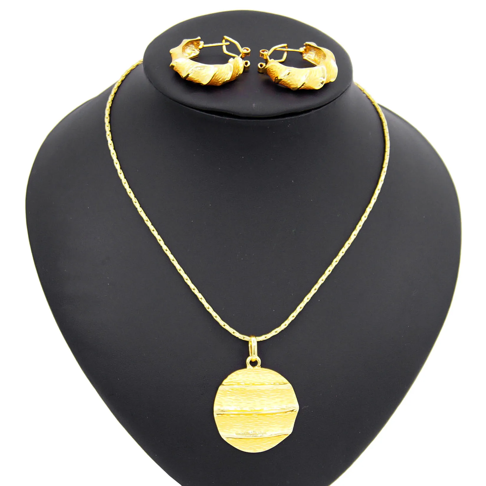 

Gold Electroplated Disc Pendant Thin Chain Necklace Party Jewelery Set Women Wedding Copper Alloy Jewelry Sets For Child Gifts