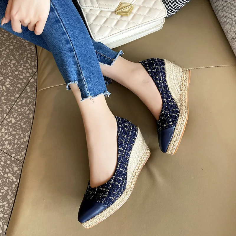 

Spring autumn fashion wedge heel patchwork women single shoes slip on pointed toe platform office lady espadrille pumps