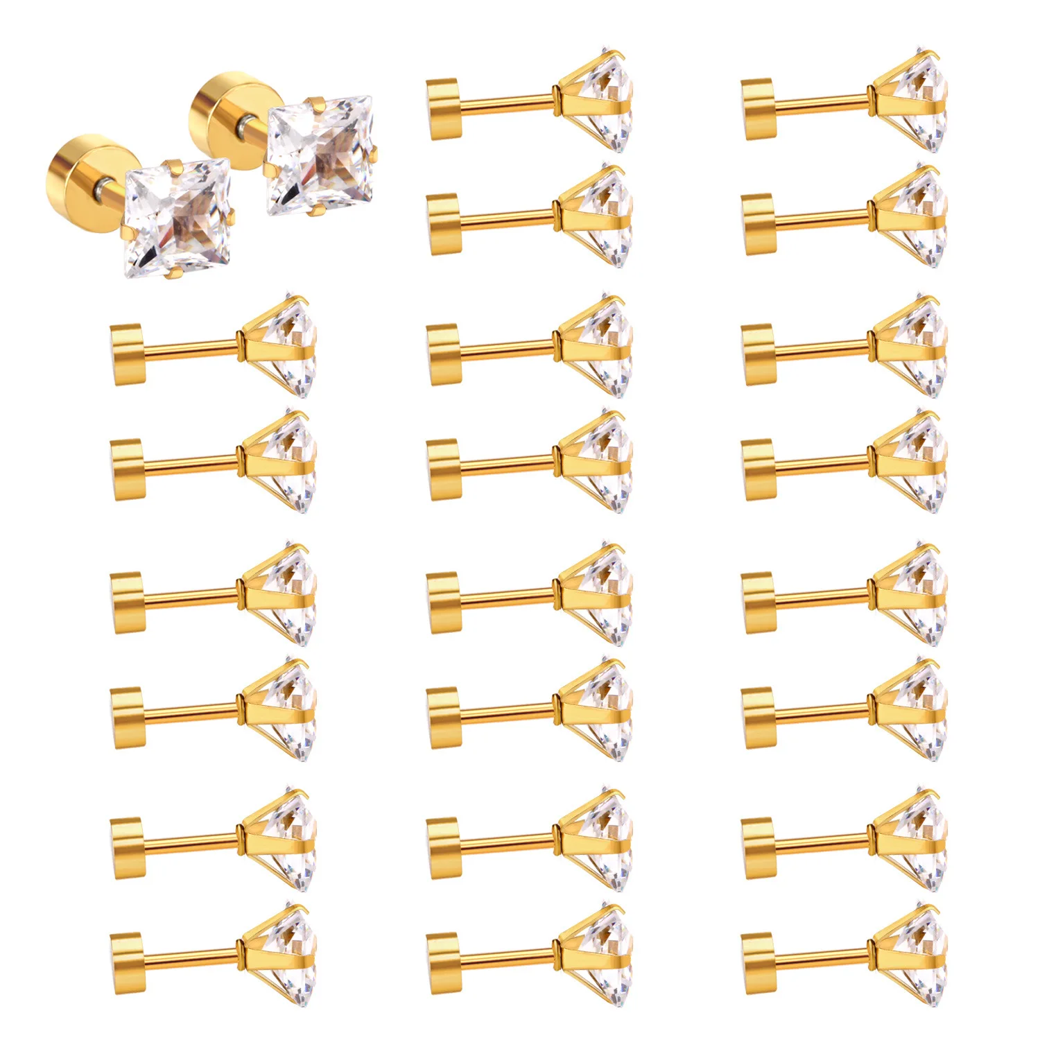 

HPXmax Multi Size Gold Plated Square White Diamond Stud Earring Screw Men Earrings Stainless Steel Earrings Wholesale