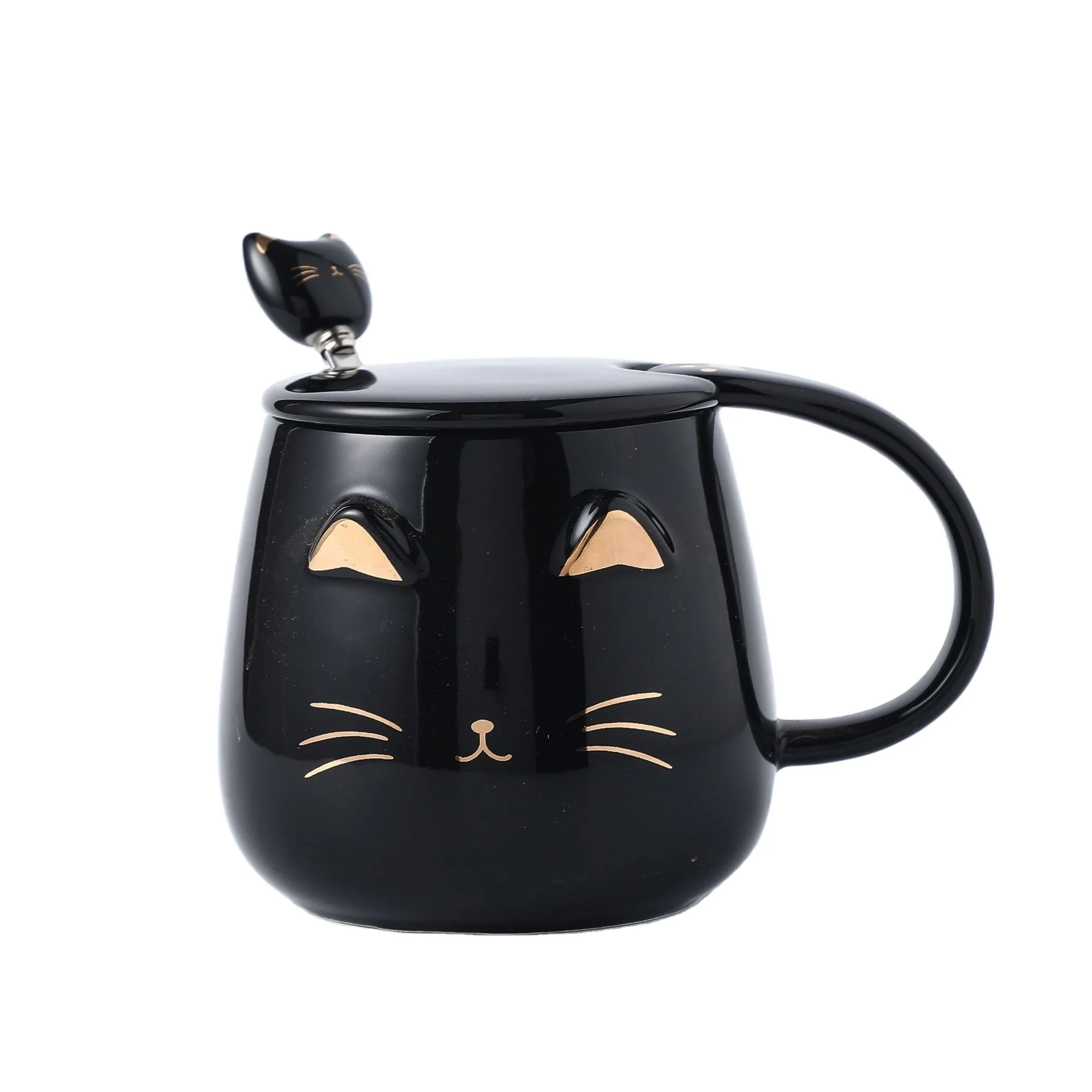 

cat creative cup ceramic mug office breakfast coffee mug with lid and spoon, White,pink,black