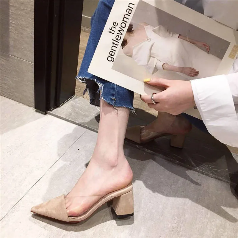 

Pointed Toe Suede Square heel High heels Muller slippers 2019 summer women Fashion Patchwork Shallow ladies shoes