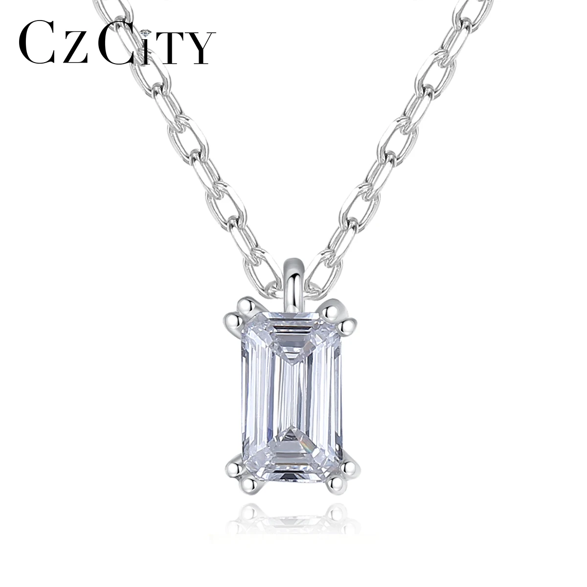 

CZCITY Princess Cutting Ice Out Stone Silver Diamond Necklace 925 Sterling Link Chain Necklace Women