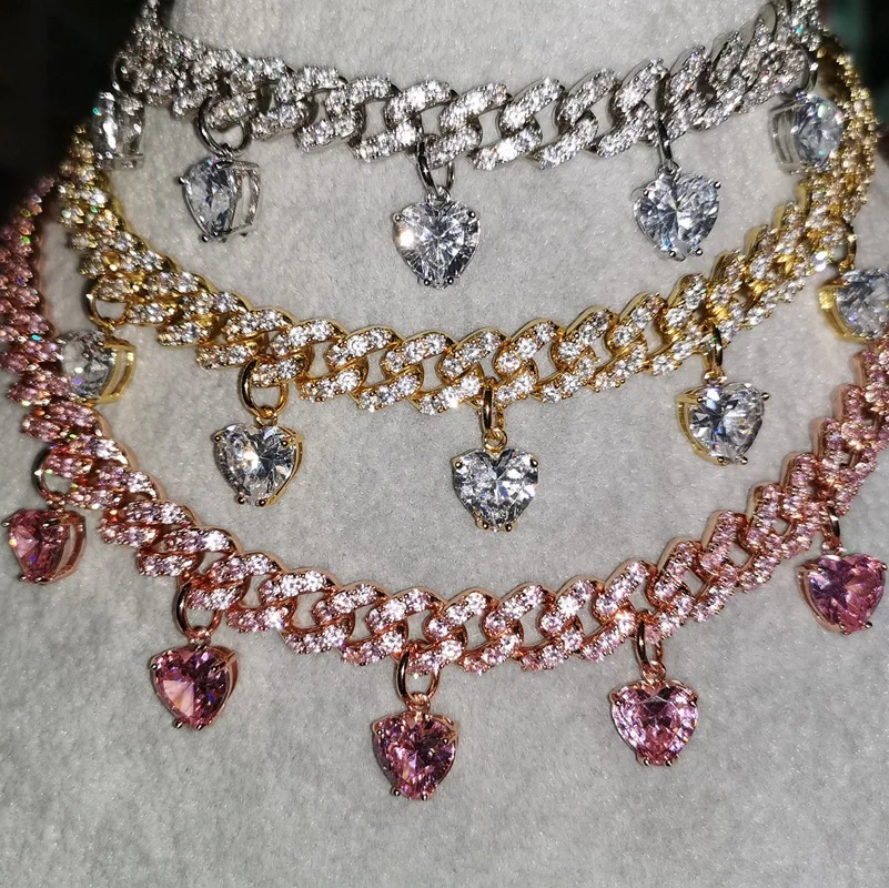 

rose gold diamond icy pink heart cuban necklace