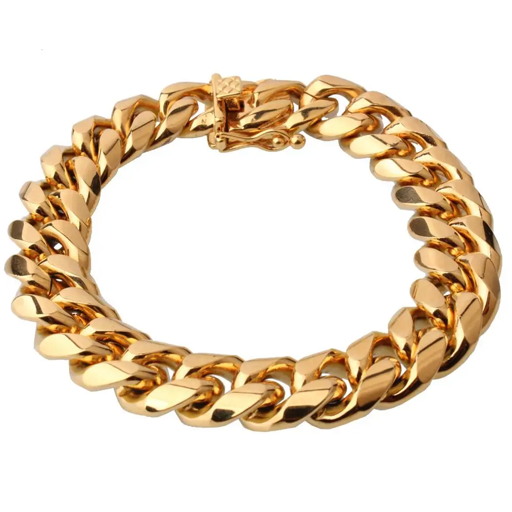 

2020 Trend 15mm 316L Stainless Steel Miami cuban Chain Hip Hop Bracelet For Men Fashion Jewelry Wholesale, 18k gold