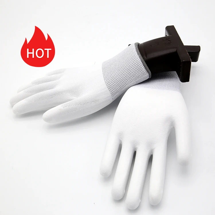 

13 gauge polyester knitted liner non-slip oil resistant work safety white palm fit pu coated gloves