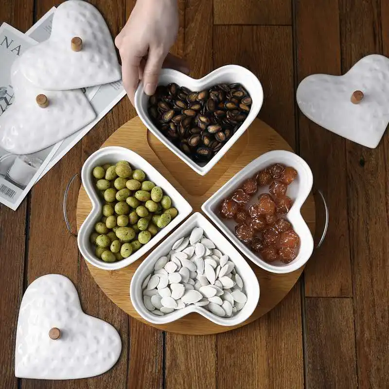 

Eco Friendly High Quality Bamboo Storage Organizer Holder,Natural Wooden Food Serving Tray With 4 Ceramic Bowl