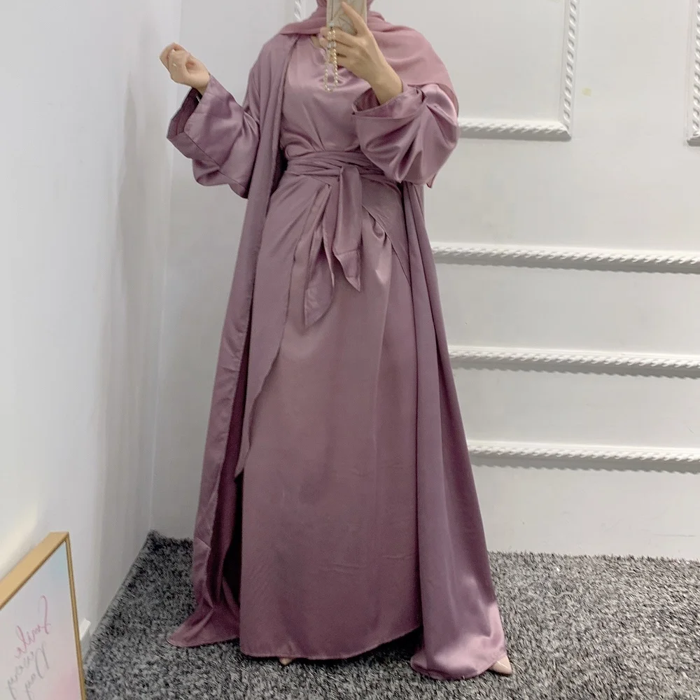 

2021 Sept New arrival Women Fashion Satin dress 3pcs set Muslim Open Abaya Cardigan Islamic Clothing, Beige, purple, black