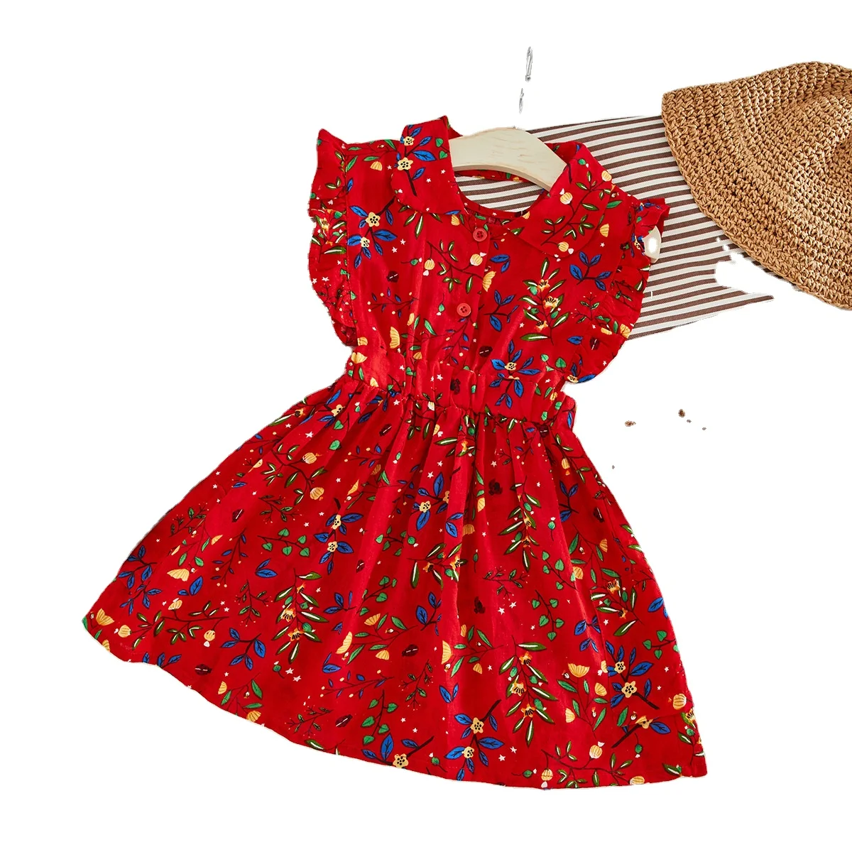 

Summer new hot selling wholesale baby red floral chiffon korean fashion foreign trade children kids girl dress