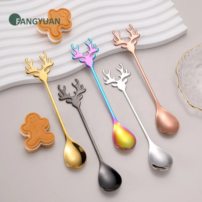 

FANGYUAN Nordic Christmas events colorful metal antler handle spoon stainless steel 304 gold tea coffee deer spoons