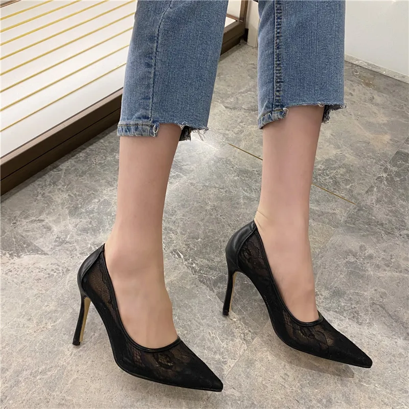 

DEleventh Shoes Woman New Design Formal Pumps Fashion Sexy Mesh Pointy Toe Slip-On Stiletto High Heel Party Shoes Black In Stock