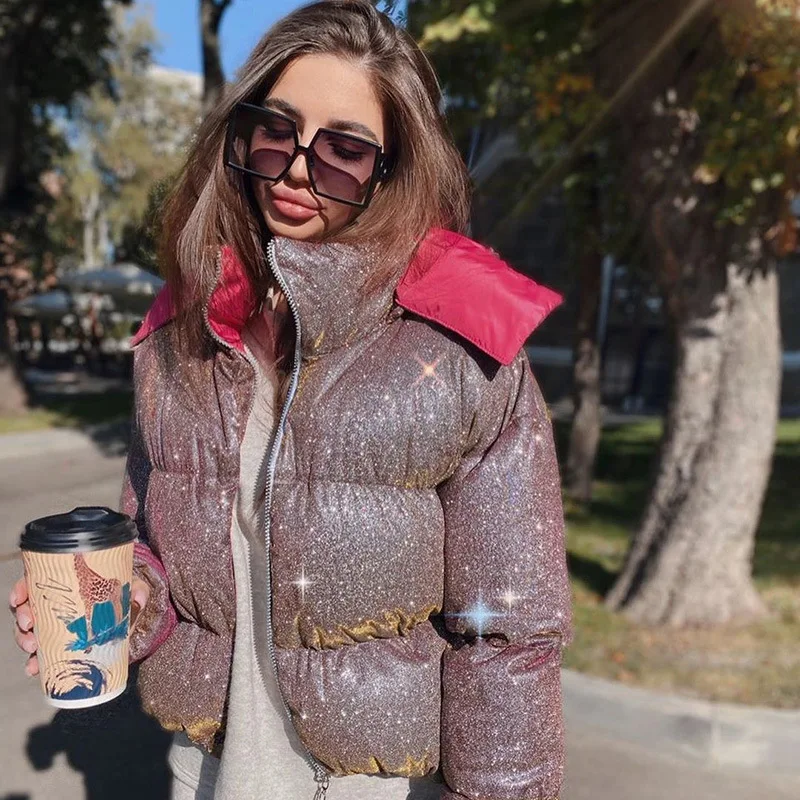 

Wholesale Winter Zipper Hooded Matching Women Shinny Jacket Fashion Pockets Warm Jackets Casual Solid Fitness Coat 2020