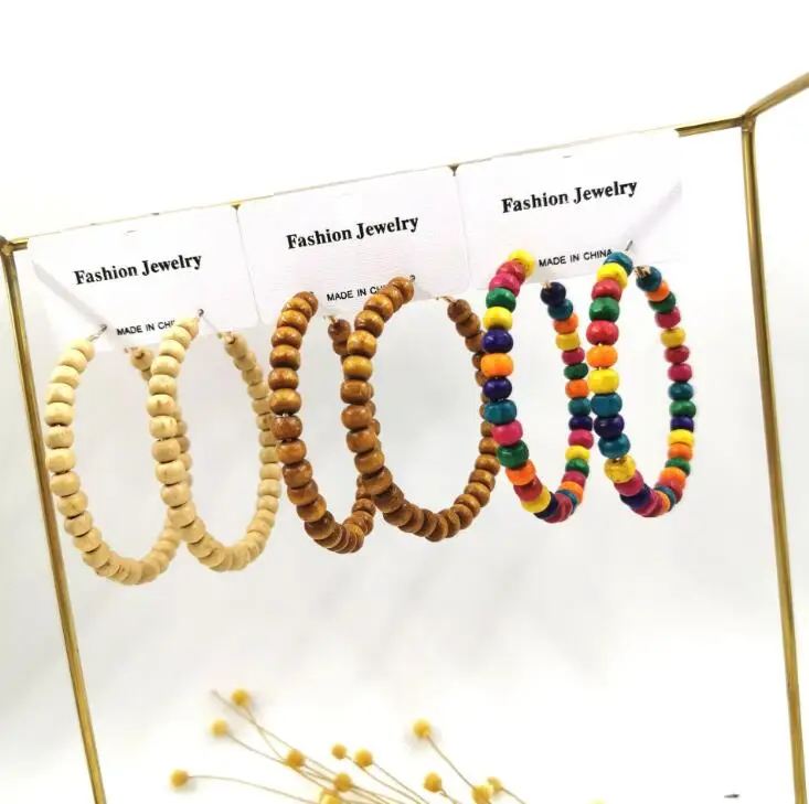 

wholesale 2019 fashion african women wooden beads earrings big beaded hoop earrings wood earrings, Colorful