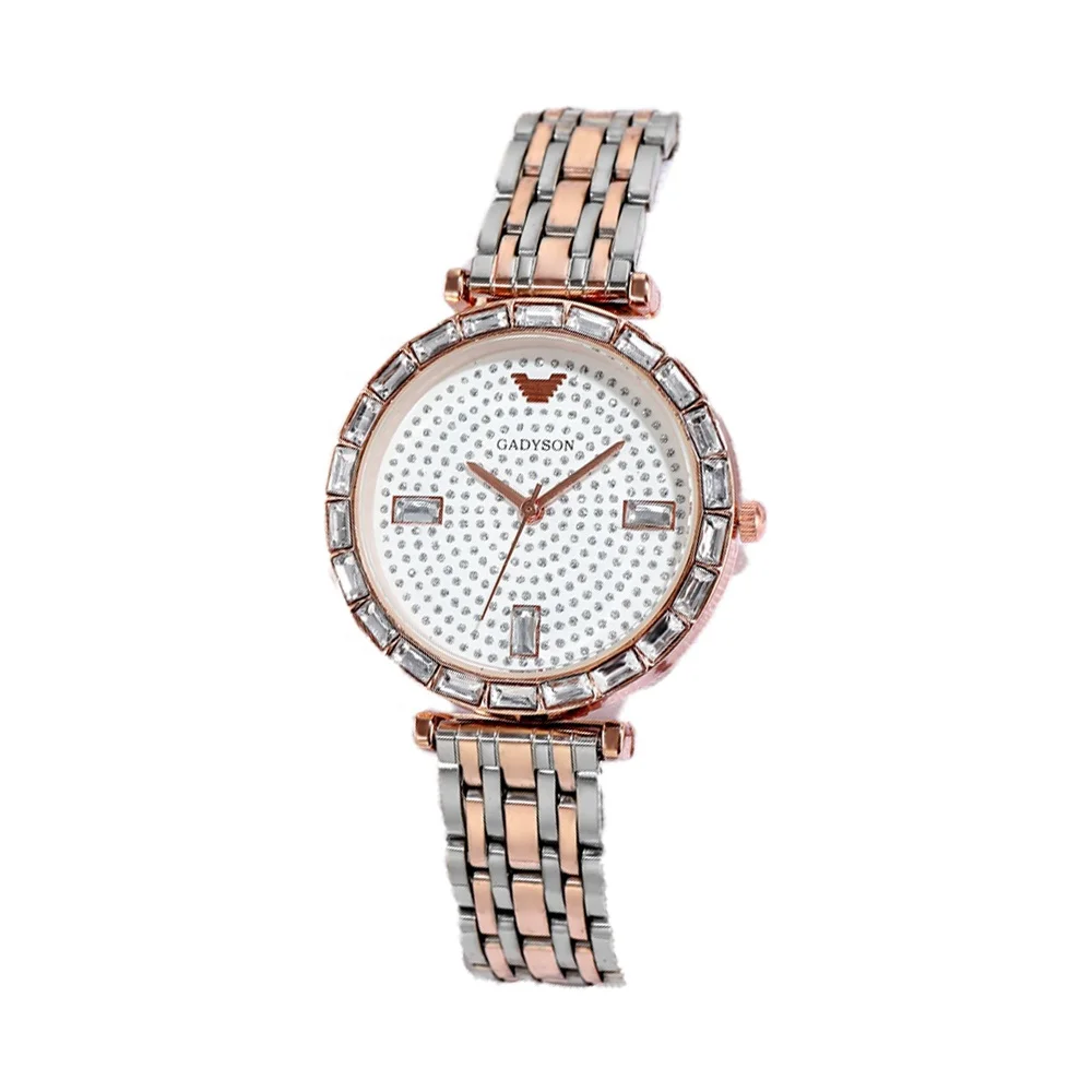 

GADYSON brand full diamond starry sky dial alloy two-color strap ladies analog digital casual quartz watch, As picture