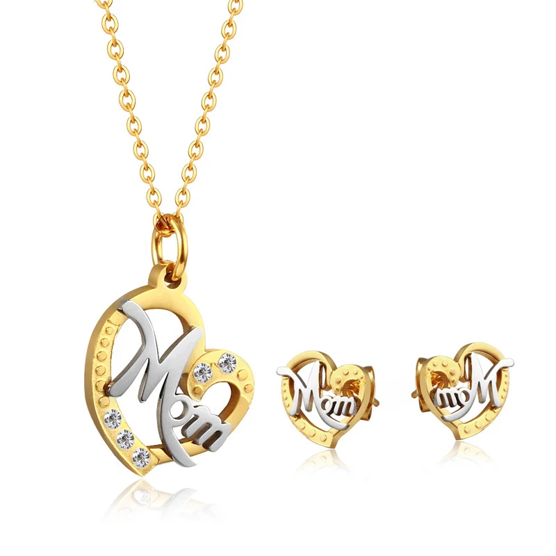 

Creative Love Heart Mom Titanium Steel Pendant Necklace Earring Set Mother's Day Style Gold-plated Jewelry, Silver, gold