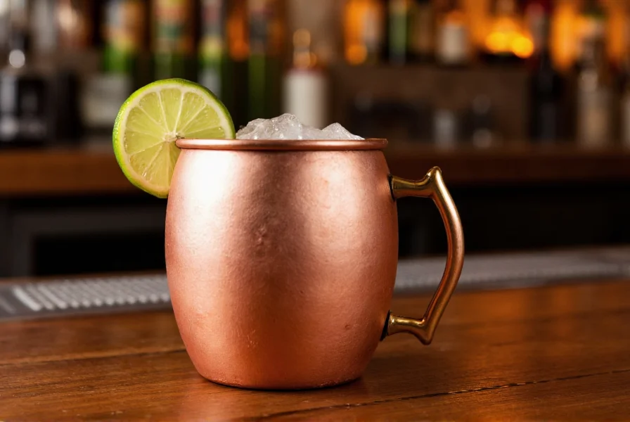 Classic Moscow Mule cocktail in copper mug with lime garnish on wooden bar