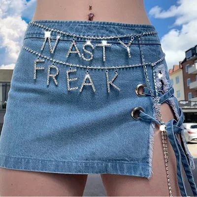 

Hot Sale Luxury Fashion Sexy Body Chain Shiny CZ Crystal Rhinestone FREAK Letters Waist Chain for Women Girls, Picture