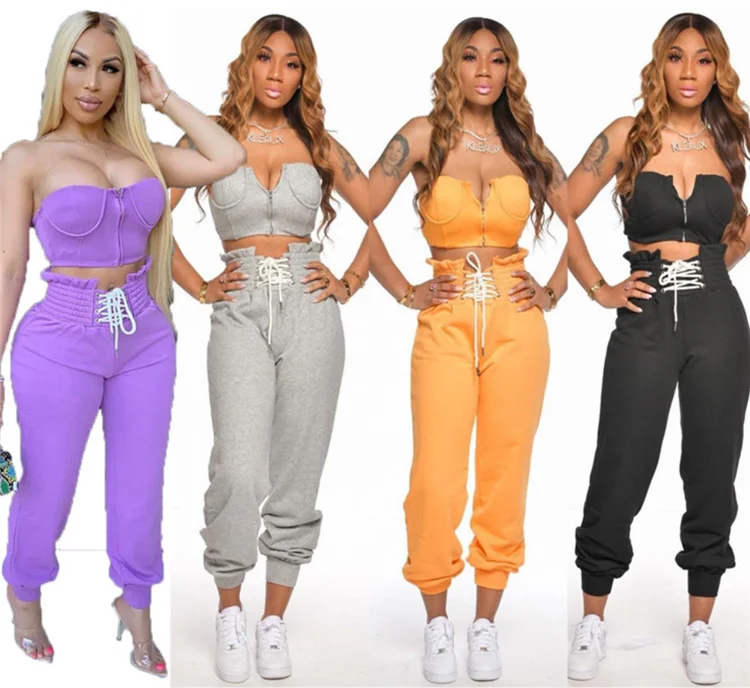 

2020 Women Cropped Chest Wrap Zipper Long Pants Drawstring Tracksuit Outfit Summer Ladies Two Piece Set