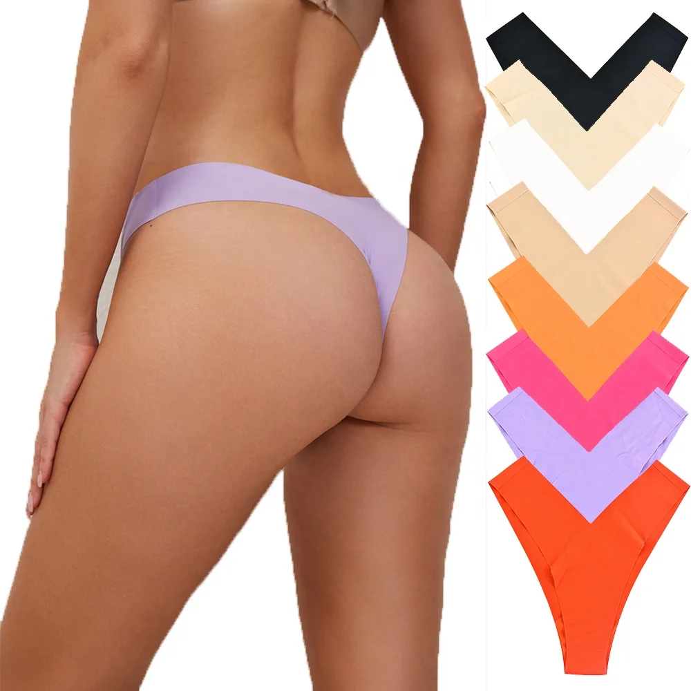 

Custom Logo Women Plus Size Ice Silk One Piece Underwear Invisible Basic Ultralight Microfibre Snug-Fit Thong Seamless Panties