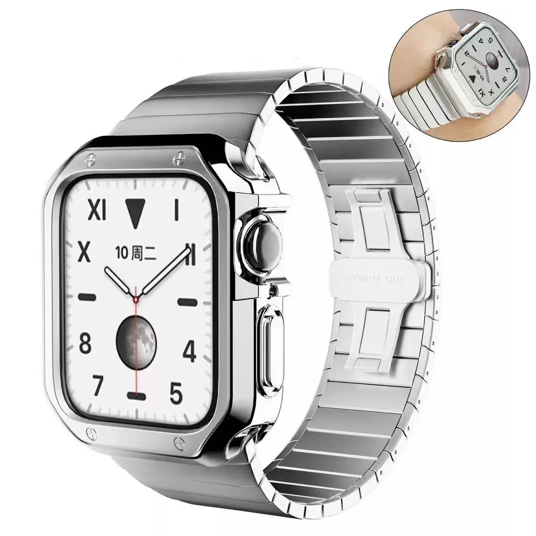 

Case+Strap Stainless Steel For Apple Watch Band 44mm 41mm 45mm 40mm 38mm/42mm buckle bracelet iwatch series 7 6 5 4 3 SE