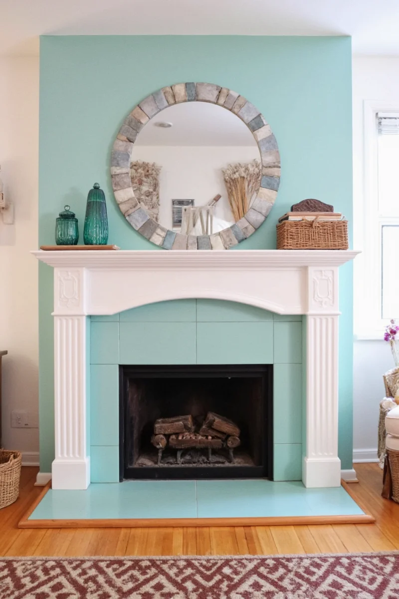 Painted stone fireplace before and after transformation
