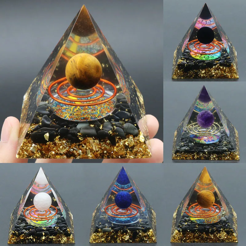 

High Quality Colorful Chakra Healing Crystal Gravel Natural Stone Resin Organite Pyramid Ornament For Home Decoration