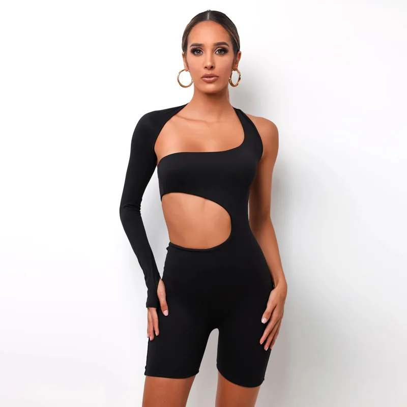 

2021 Women 2 Piece Short Suit Skinny Sleeveless Off Shoulder Hollow Out High Waist Shorts Casual Sporty Jumpsuit Thread Stretchy, Picture
