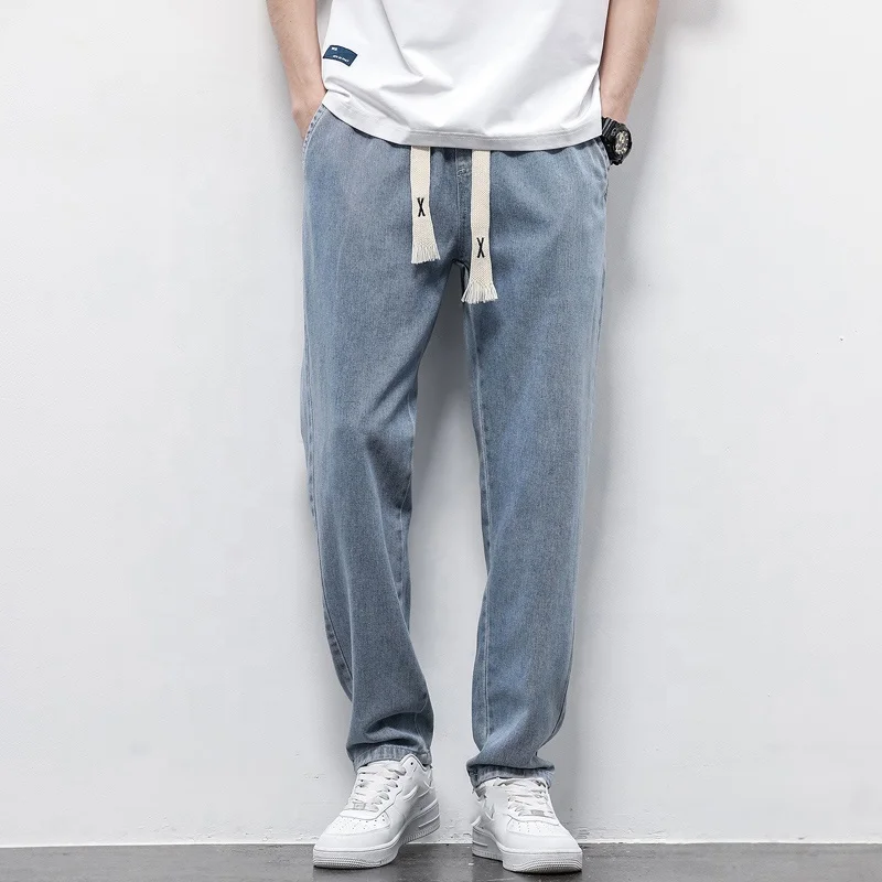 Autumn Winter Men's Jeans Cotton Soft Drawstring Straight Pants Elastic Waist Vintage Korea Casual Trousers Male Plus Size S-5xl