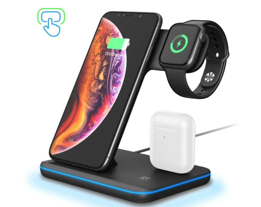 

Dropshipping 3 in 1 wireless chargers for iPhone earphone and iwatch Fast Charging 15W with Led Light Wireless Charger 3 in 1, Black white