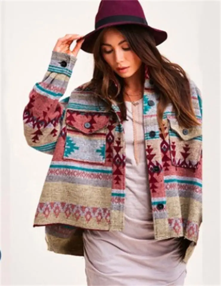 

Women aztec shirt jacket Long Sleeve Button Down Collared Flap Pockets Vintage Fringed Wool Western Shacket Shirt Jacket Coat, 8 color
